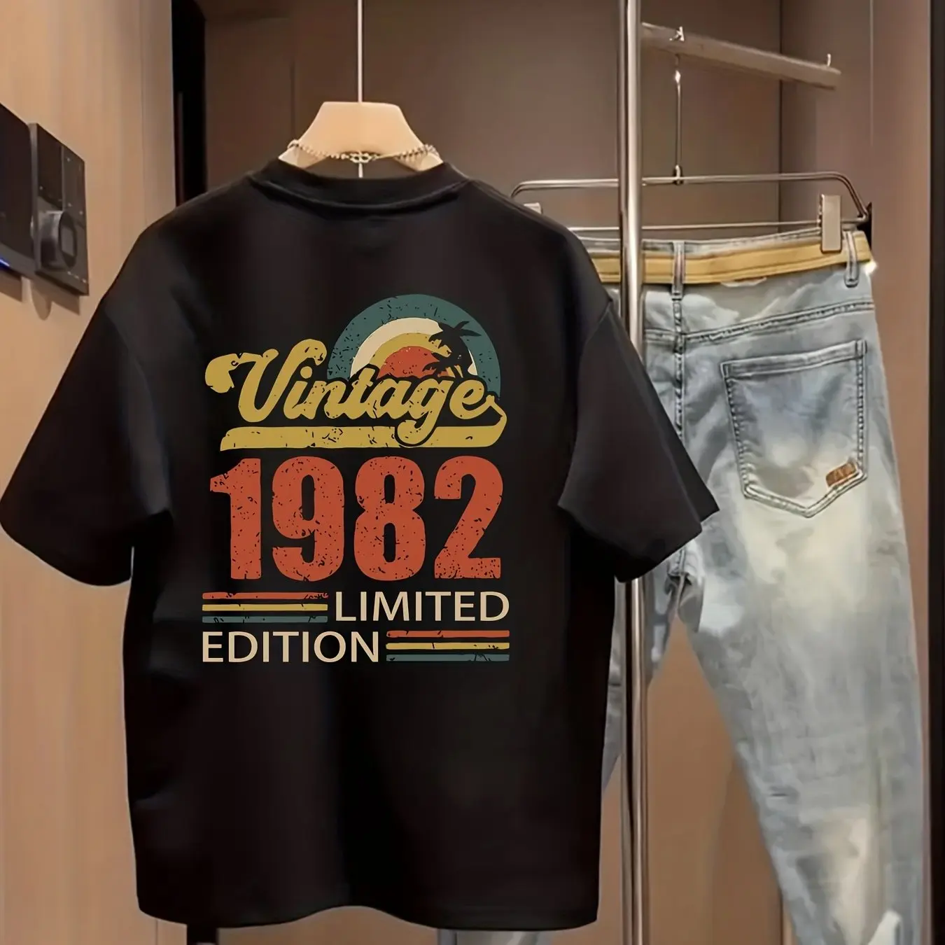 Men's Summer Vintage T-Shirt "Vintage 1982 Limited Edition" Retro Sunset Print 100% Cotton Top for Casual Streetwear