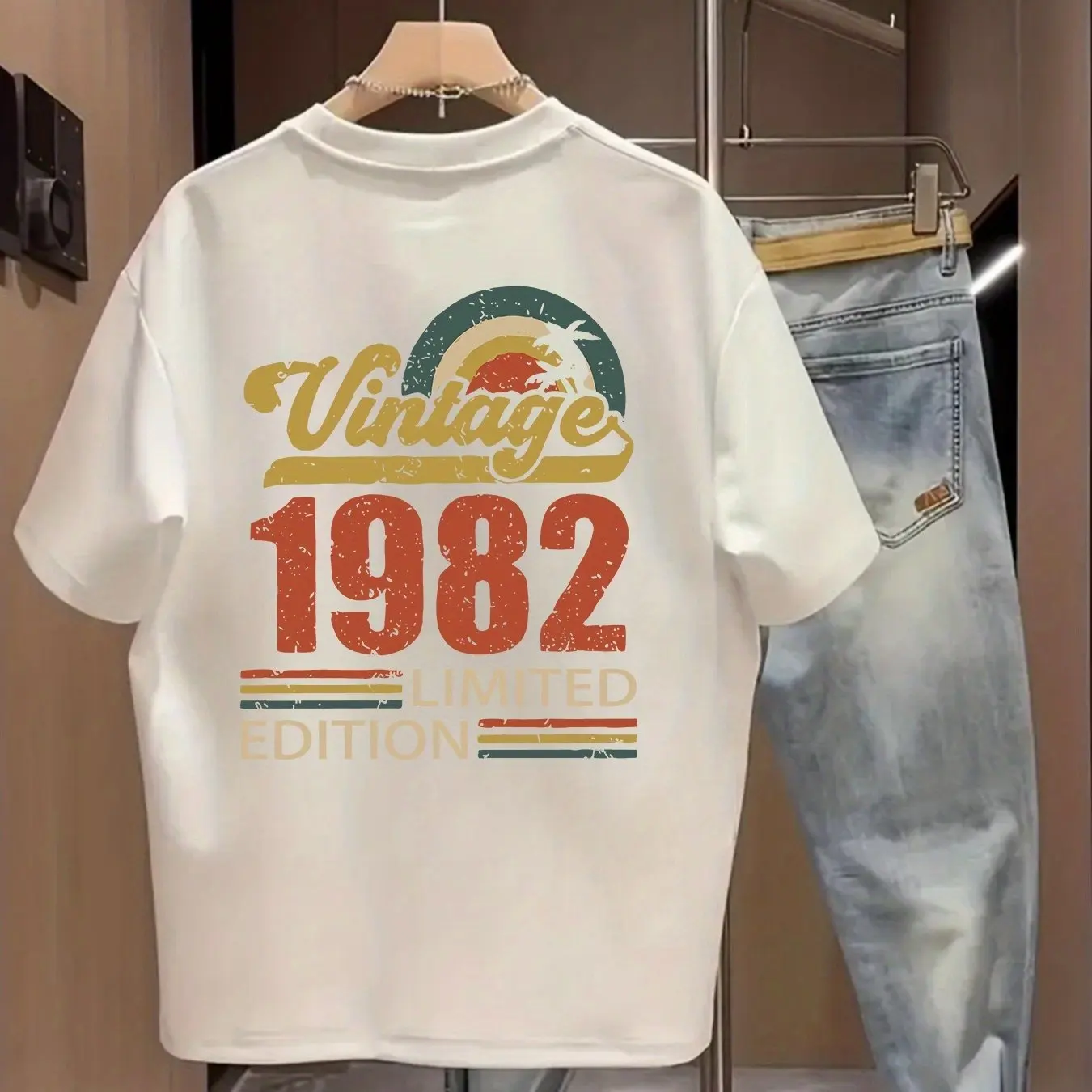 Men's Summer Vintage T-Shirt "Vintage 1982 Limited Edition" Retro Sunset Print 100% Cotton Top for Casual Streetwear