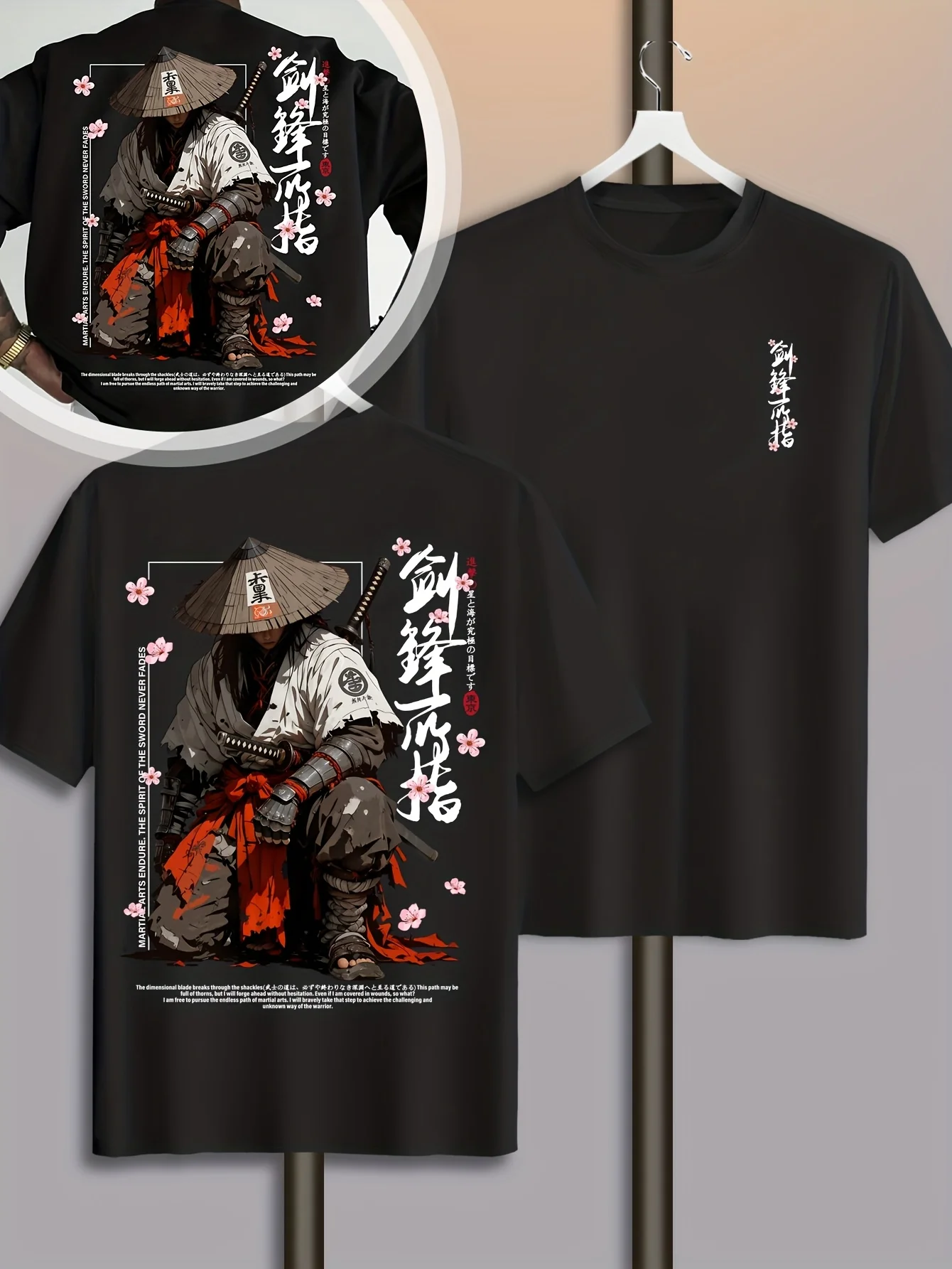 Summer Men's Japanese-style Ink-wash Samurai Pattern Casual Sports Street Style Trendy Short-sleeved T-shirt Soft Breathable