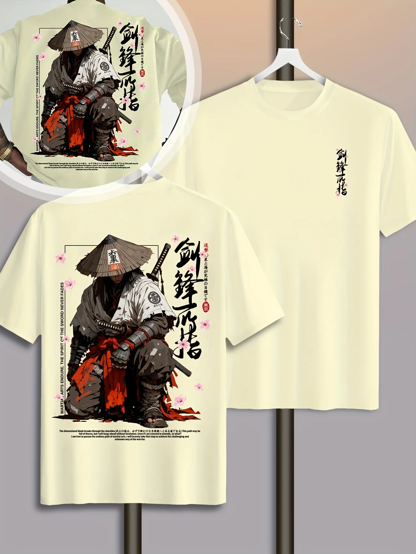 Summer Men's Japanese-style Ink-wash Samurai Pattern Casual Sports Street Style Trendy Short-sleeved T-shirt Soft Breathable