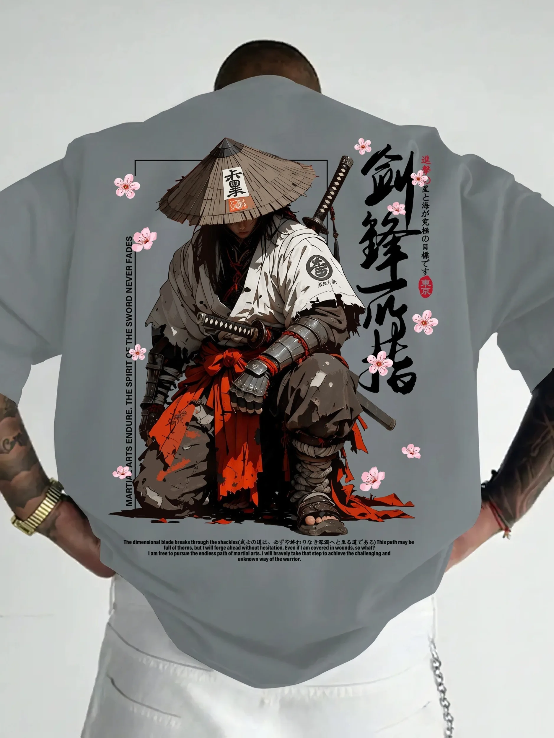 Summer Men's Japanese-style Ink-wash Samurai Pattern Casual Sports Street Style Trendy Short-sleeved T-shirt Soft Breathable