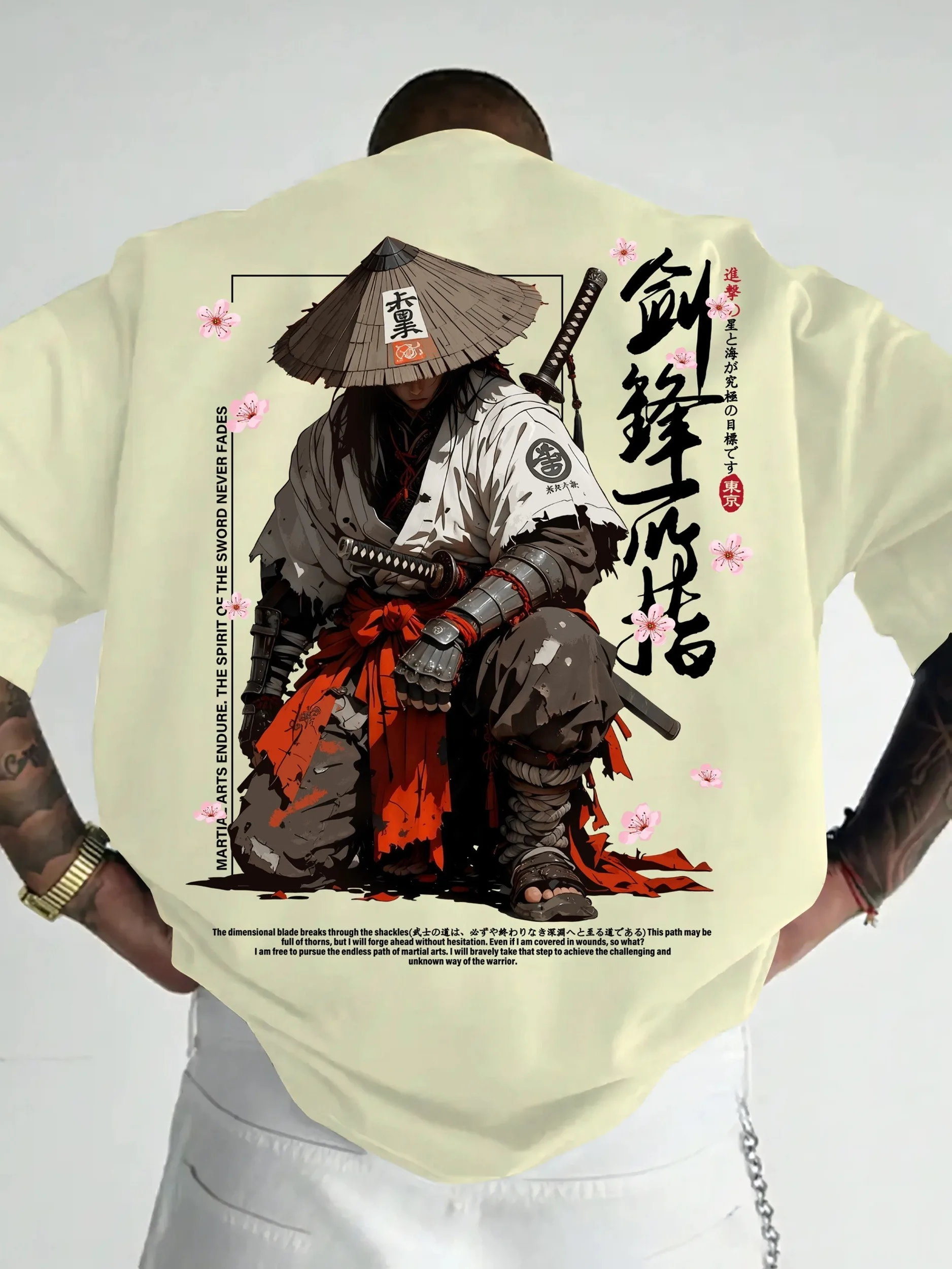 Summer Men's Japanese-style Ink-wash Samurai Pattern Casual Sports Street Style Trendy Short-sleeved T-shirt Soft Breathable
