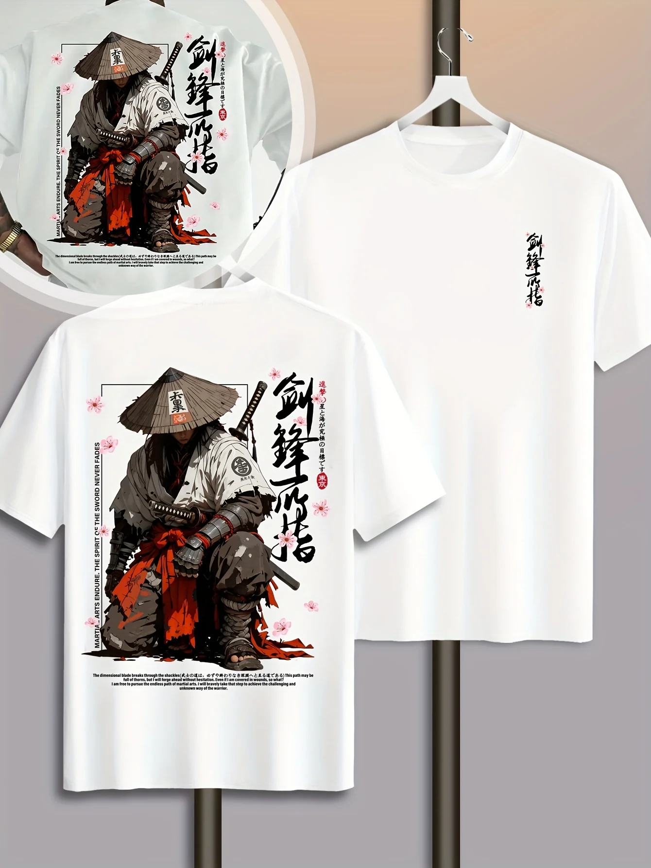Summer Men's Japanese-style Ink-wash Samurai Pattern Casual Sports Street Style Trendy Short-sleeved T-shirt Soft Breathable