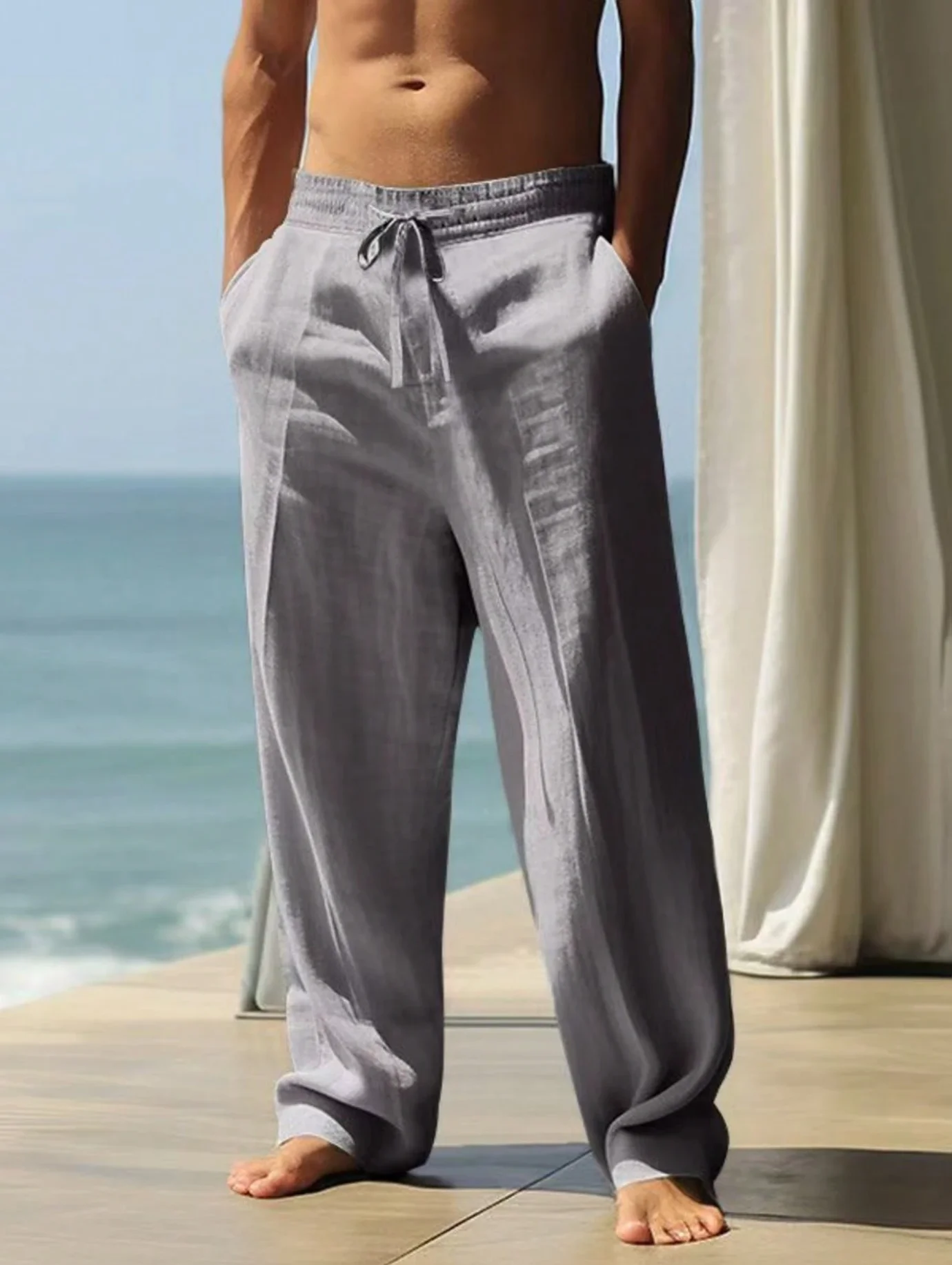 Autumn And Winter New Linen Elastic Drawstring Wide-Leg Pants for Men - Beach Vacation Linen Straight Leisure Long