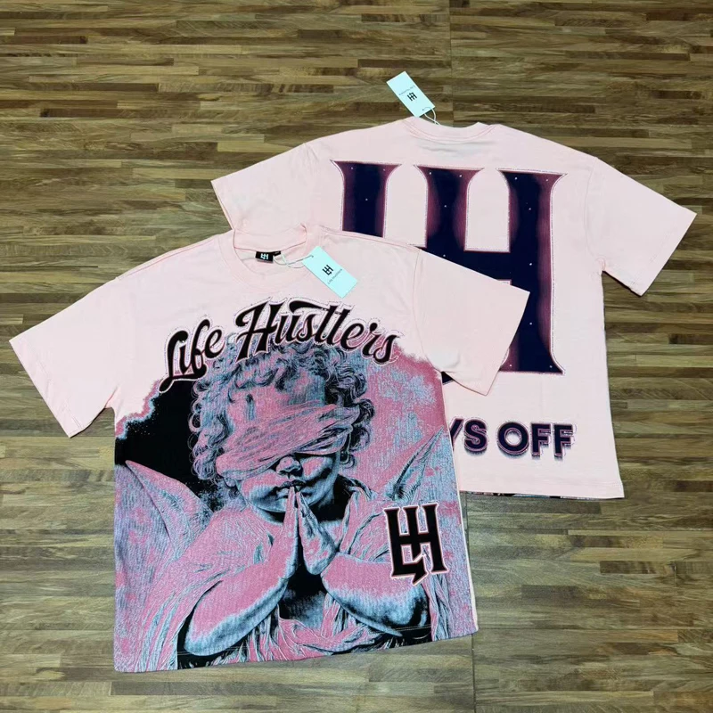 Europe America Streetwear Life Hustlers T-Shirt High Quality Hip Hop Bulldog Pattern Rhinestone Short Sleeve Men Women