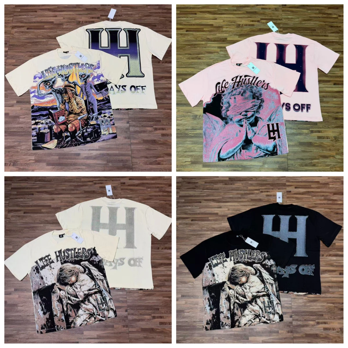Europe America Streetwear Life Hustlers T-Shirt High Quality Hip Hop Bulldog Pattern Rhinestone Short Sleeve Men Women