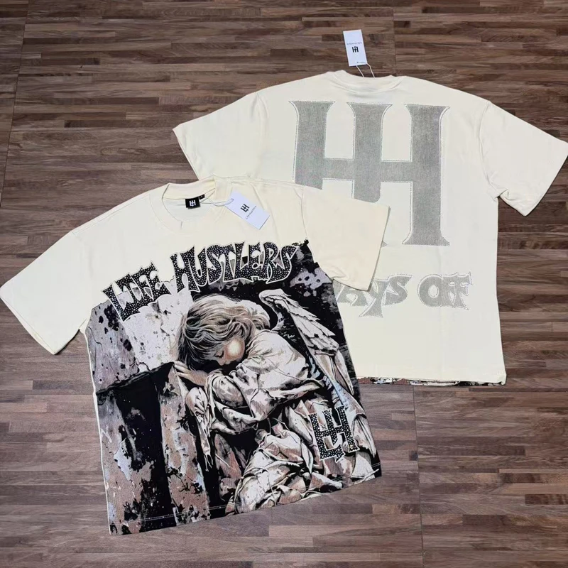 Europe America Streetwear Life Hustlers T-Shirt High Quality Hip Hop Bulldog Pattern Rhinestone Short Sleeve Men Women