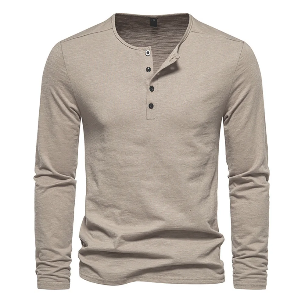 Men Long Sleeved T-shirt Cotton Slim Fit Bottoming Shirt Fitness Tops Tees Button Neck Casual Cozy Tshirt