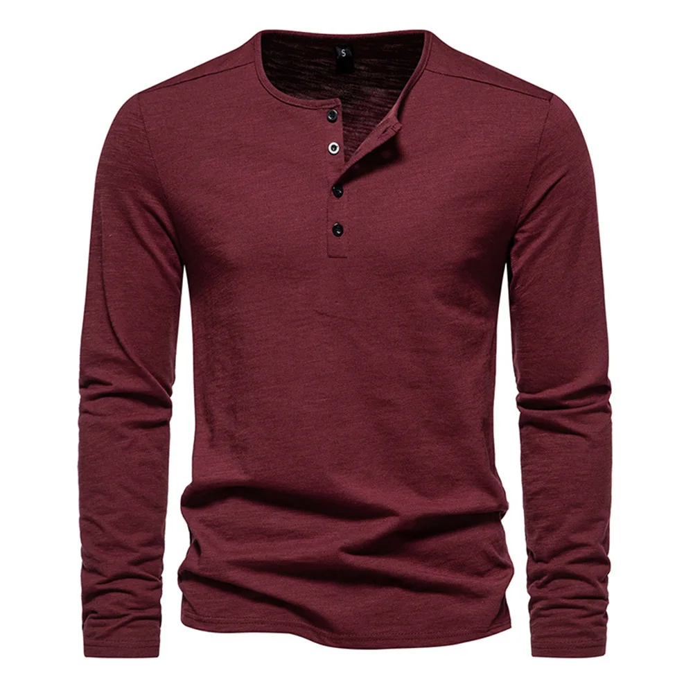 Men Long Sleeved T-shirt Cotton Slim Fit Bottoming Shirt Fitness Tops Tees Button Neck Casual Cozy Tshirt
