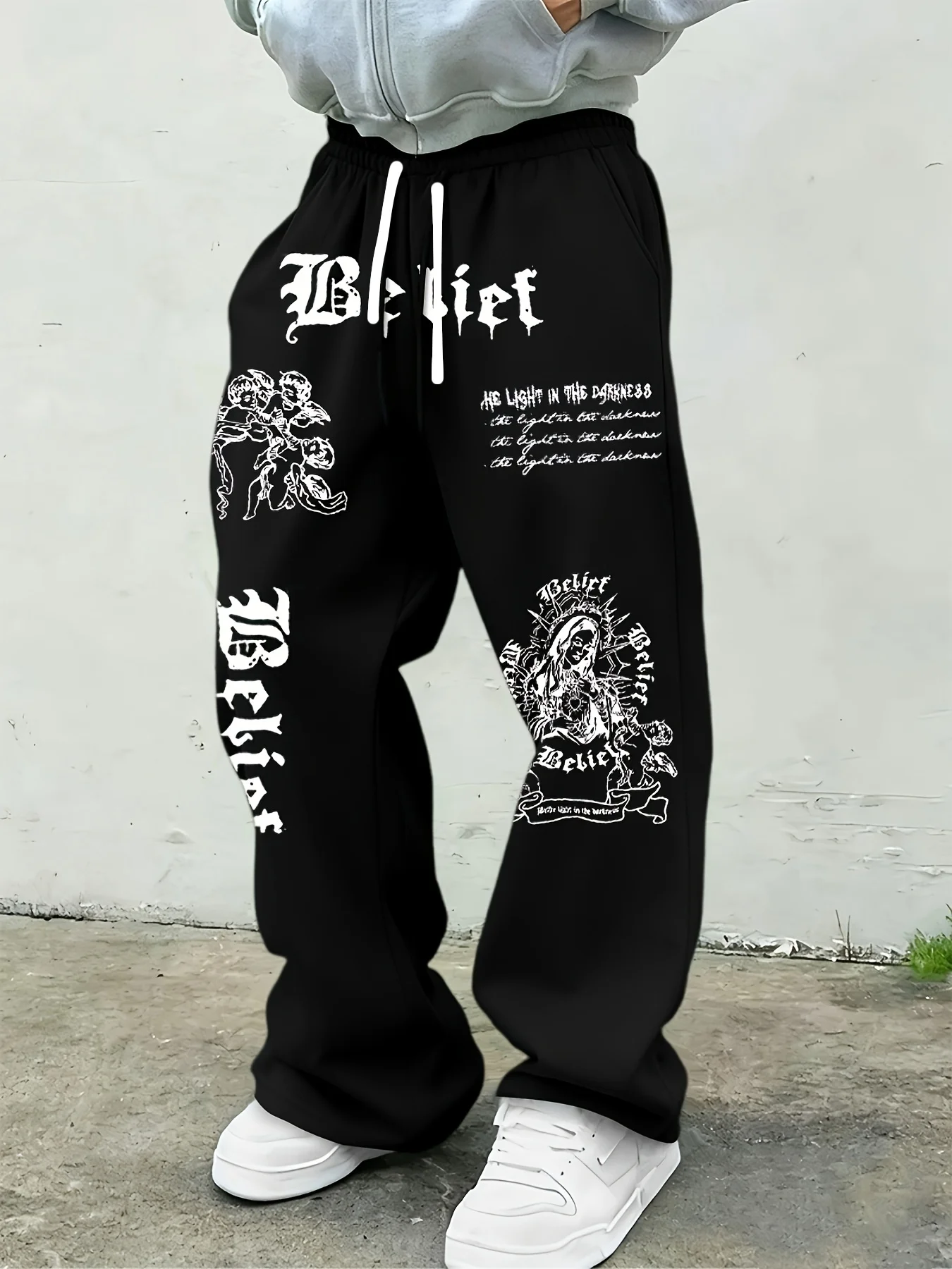 Men Gothic Vertical Graphic Wide Leg Sweatpants Drawstring Loose Straight Baggy Y2K Dark Punk Streetwear Pants.