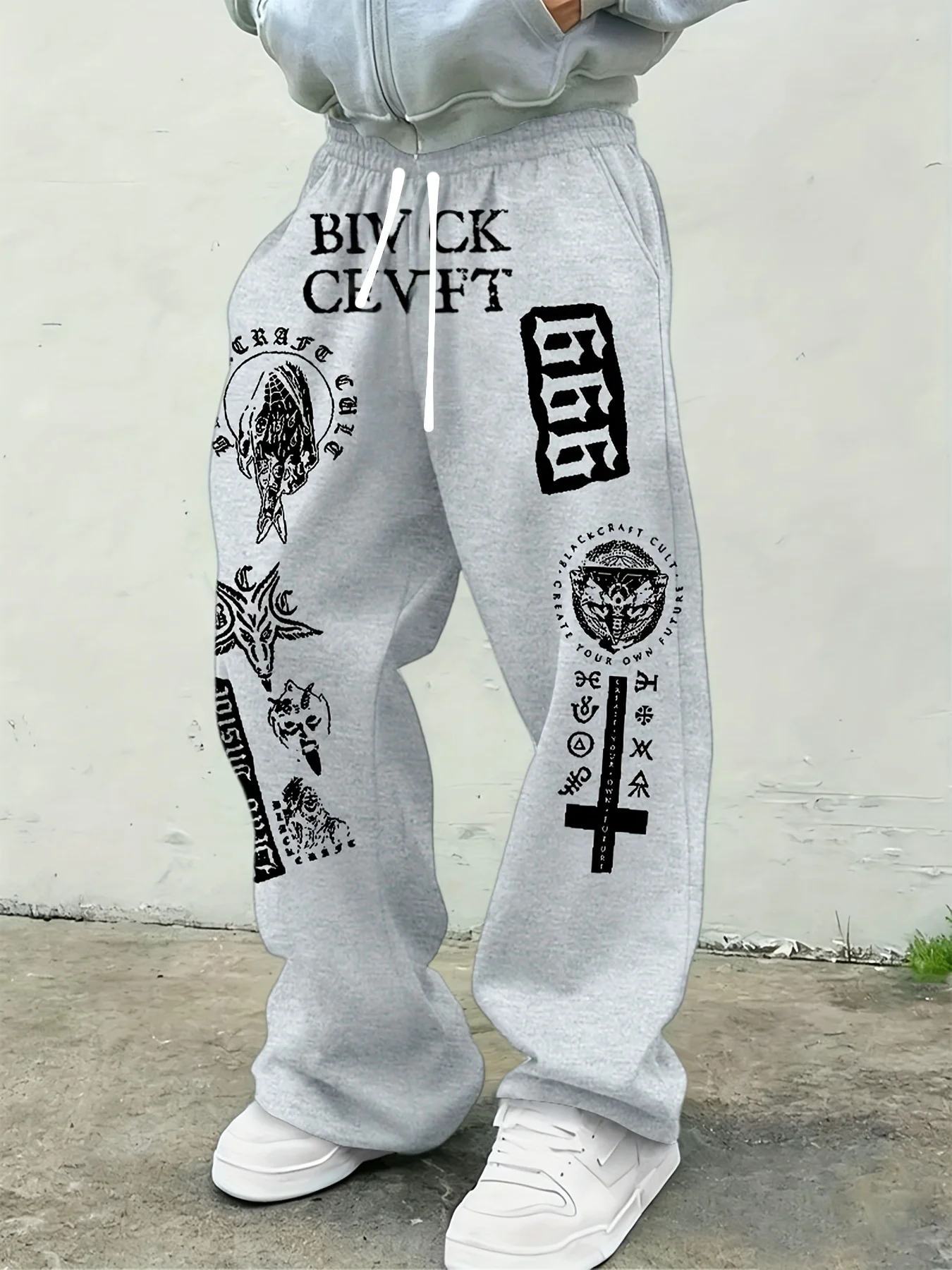Men Gothic Vertical Graphic Wide Leg Sweatpants Drawstring Loose Straight Baggy Y2K Dark Punk Streetwear Pants.