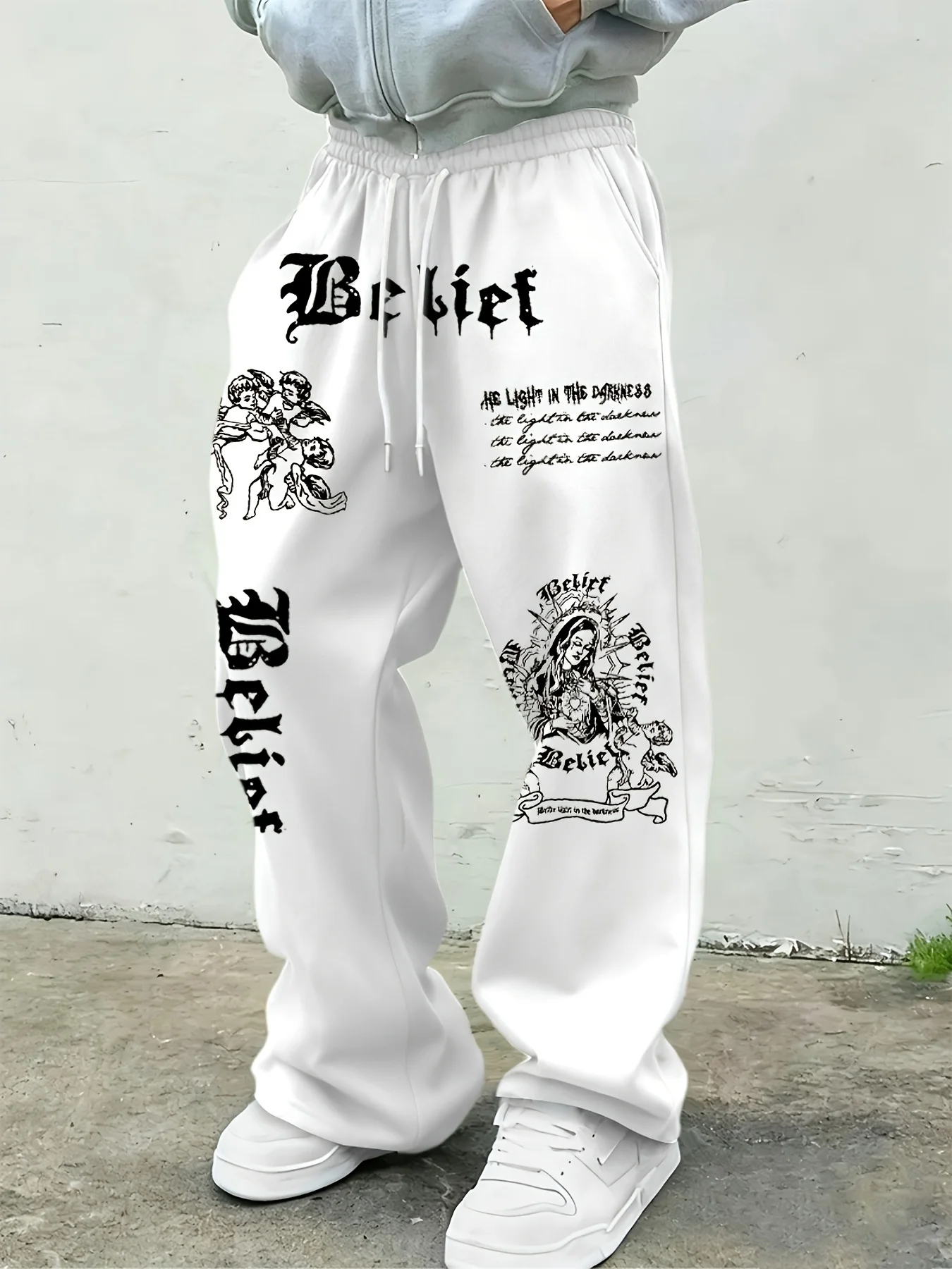 Men Gothic Vertical Graphic Wide Leg Sweatpants Drawstring Loose Straight Baggy Y2K Dark Punk Streetwear Pants.