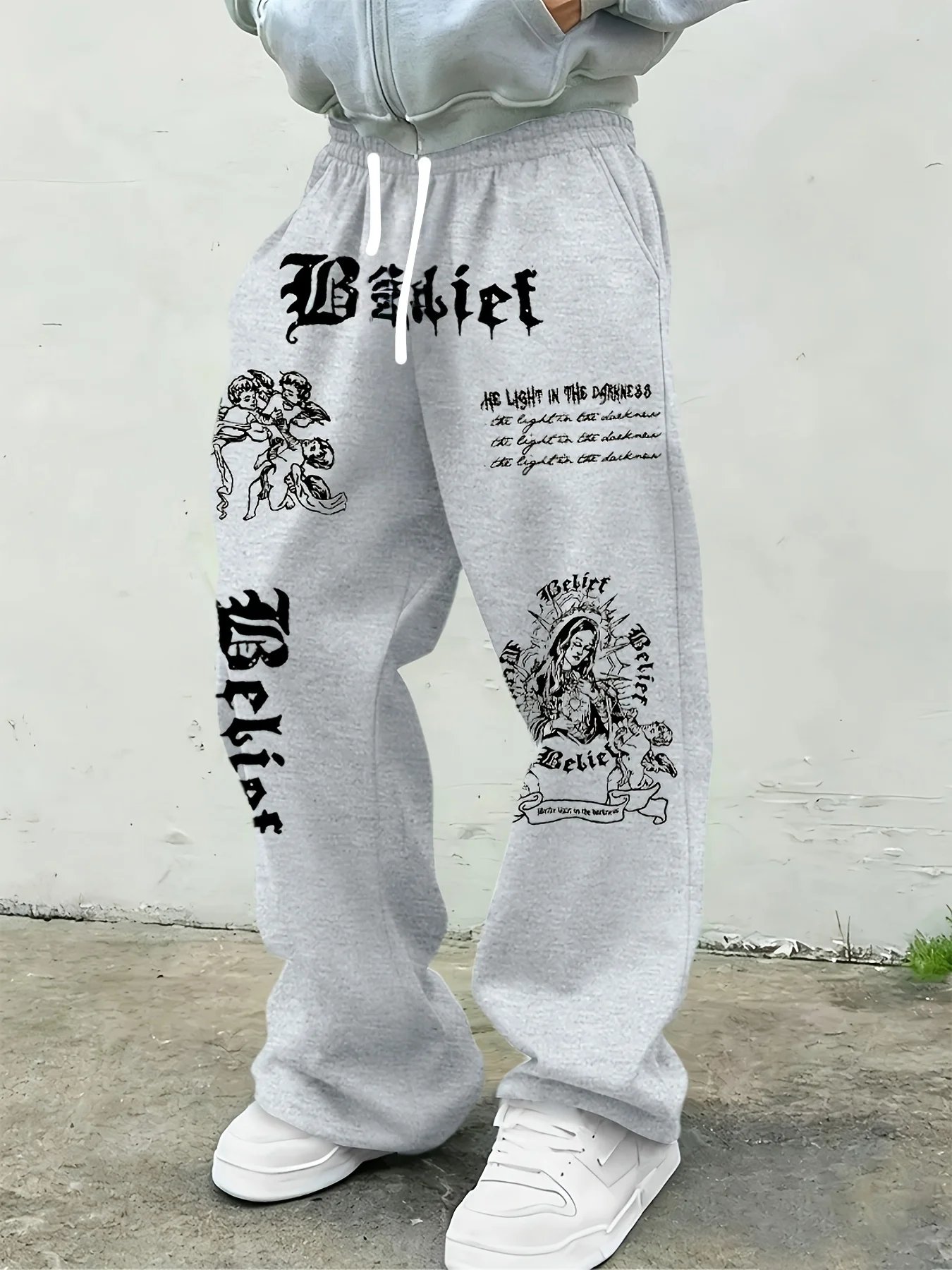 Men Gothic Vertical Graphic Wide Leg Sweatpants Drawstring Loose Straight Baggy Y2K Dark Punk Streetwear Pants.