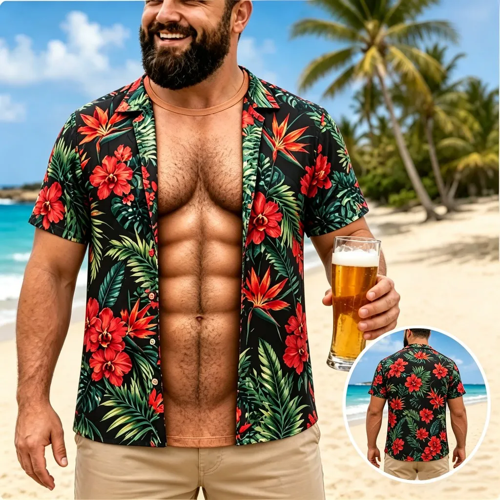 Men Funny Muscle Illusion T-Shirt, 3D Print Fake Open Hawaiian Tee, Too Hot To Handle Summer Holiday Casual Gift