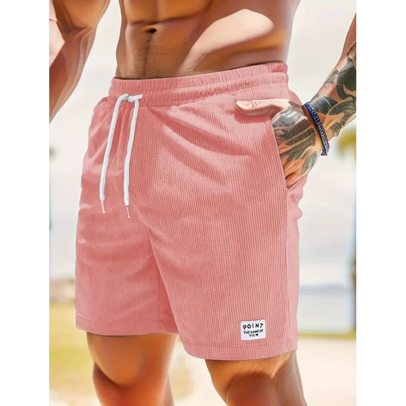 Summer Men Corduroy Sweatpants Casual Shorts Men's Beach Shorts Basketball Short Trousers Solid Color Label Sportswear Men