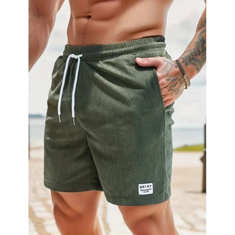 Summer Men Corduroy Sweatpants Casual Shorts Men's Beach Shorts Basketball Short Trousers Solid Color Label Sportswear Men