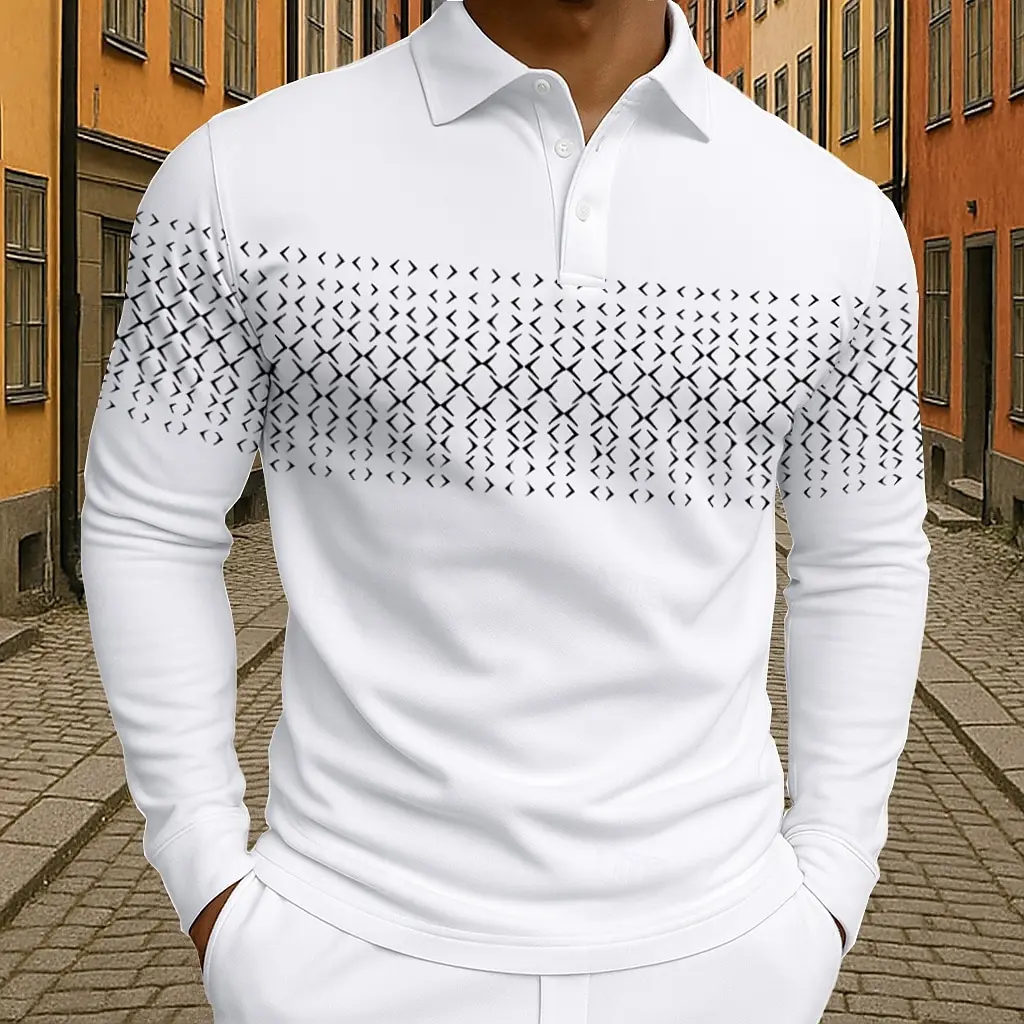 Men's Geometic Golf Polo Long Sleeve Polo Shirts Athleisure Daily Wear 3D Prints Breathable Buttons Tops 2025 Fall Winter