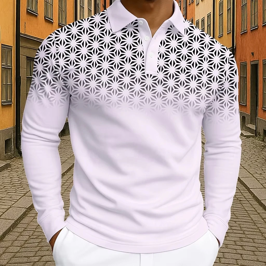 Men's Geometic Golf Polo Long Sleeve Polo Shirts Athleisure Daily Wear 3D Prints Breathable Buttons Tops 2025 Fall Winter
