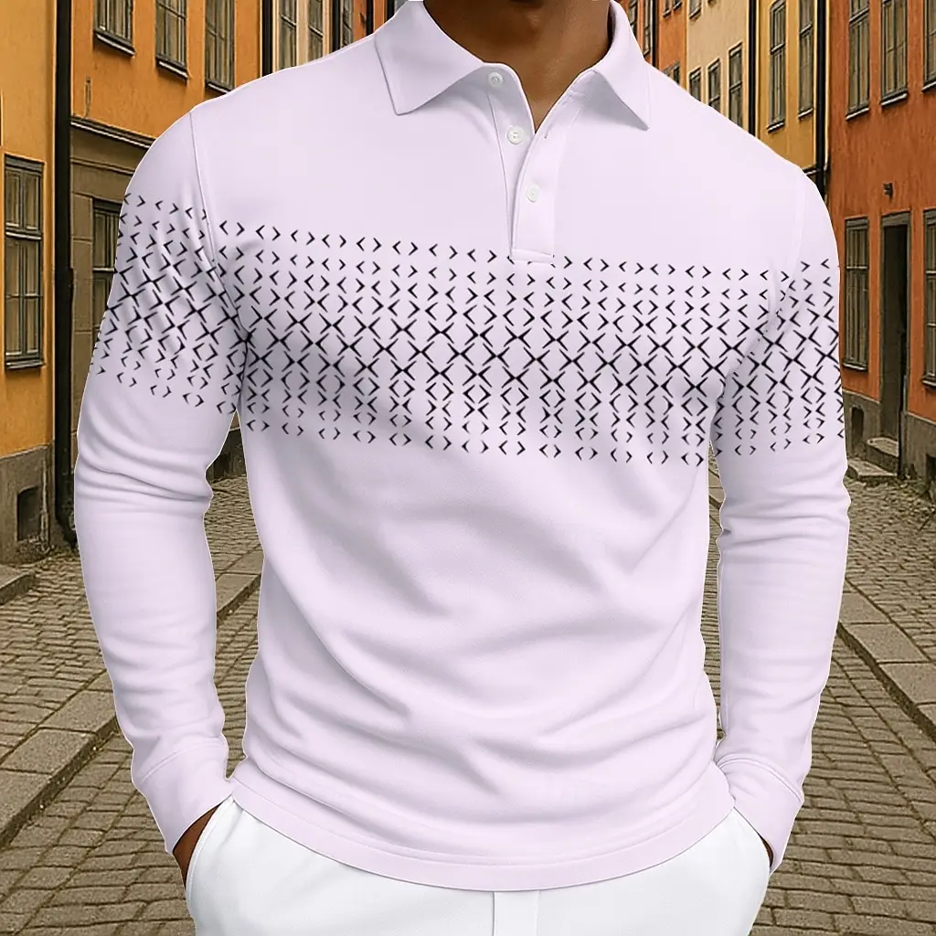 Men's Geometic Golf Polo Long Sleeve Polo Shirts Athleisure Daily Wear 3D Prints Breathable Buttons Tops 2025 Fall Winter
