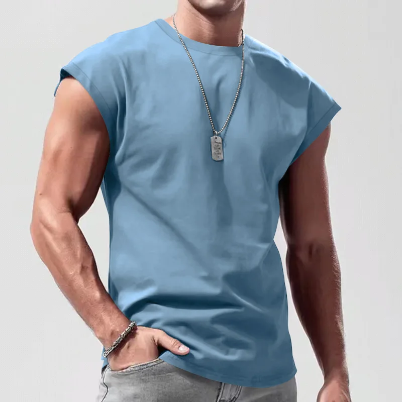 Men's Loose Short Sleeve T-Shirt round Neck Sleeveless Casual Breathable Summer Sports Basic Vest