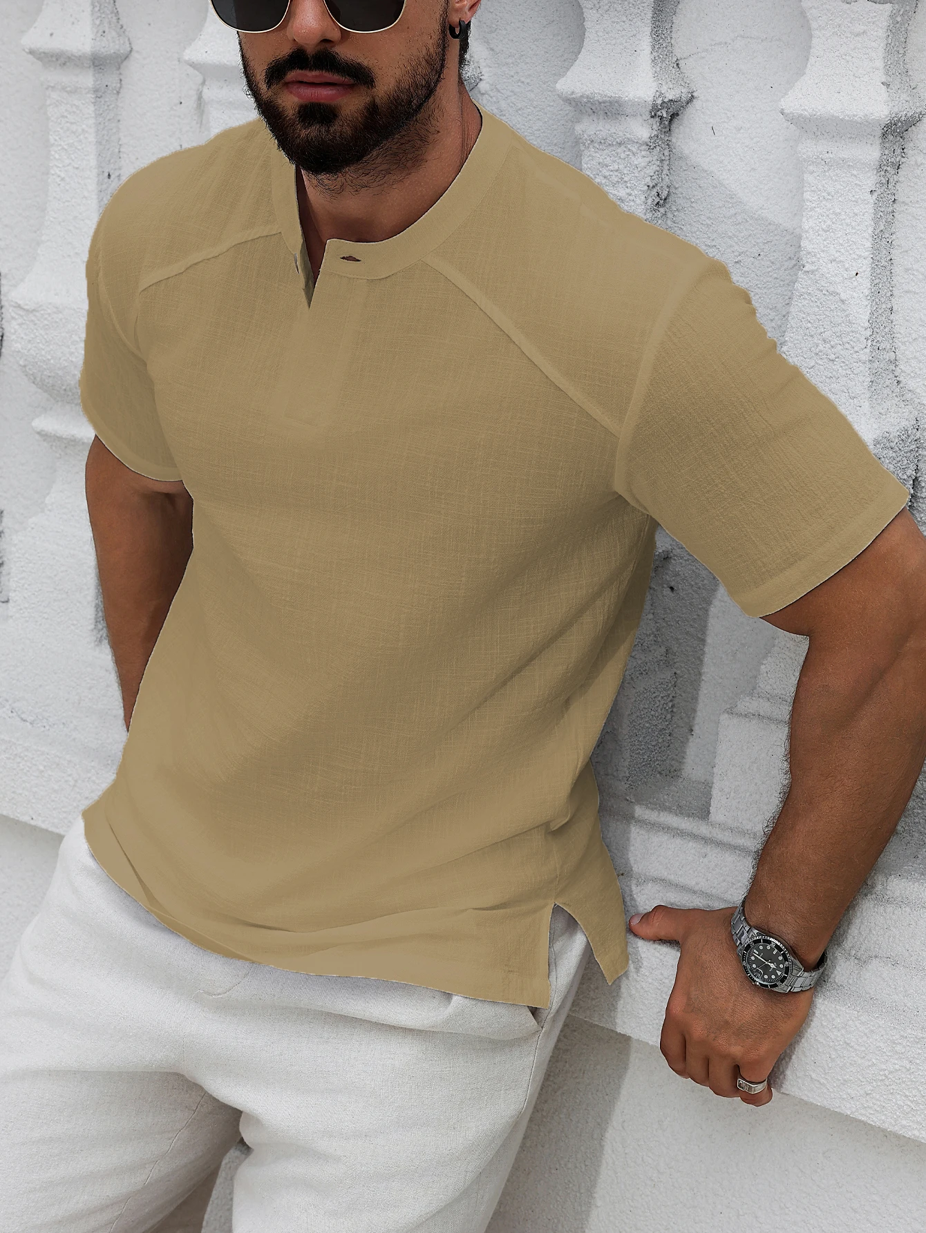 1PCS Mens Linen Short-Sleeved Shirt Top Round-Neck Pullover Casual Solid Color Henry Collar T-Shirt with Buttons Fashion Hippie