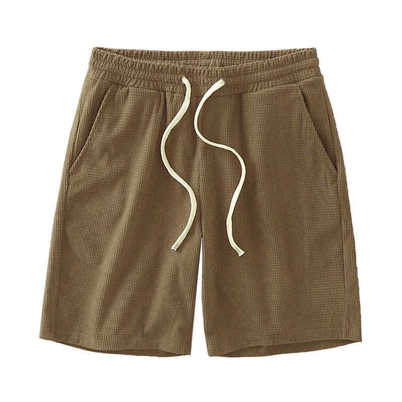 Men Shorts Solid Color Mid Waist Summer Motion Waffle Texture Deep Crotch Drawstring Male Shorts Loose Knee Length Casual Short