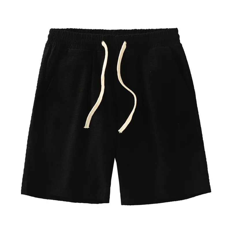 Men Shorts Solid Color Mid Waist Summer Motion Waffle Texture Deep Crotch Drawstring Male Shorts Loose Knee Length Casual Short