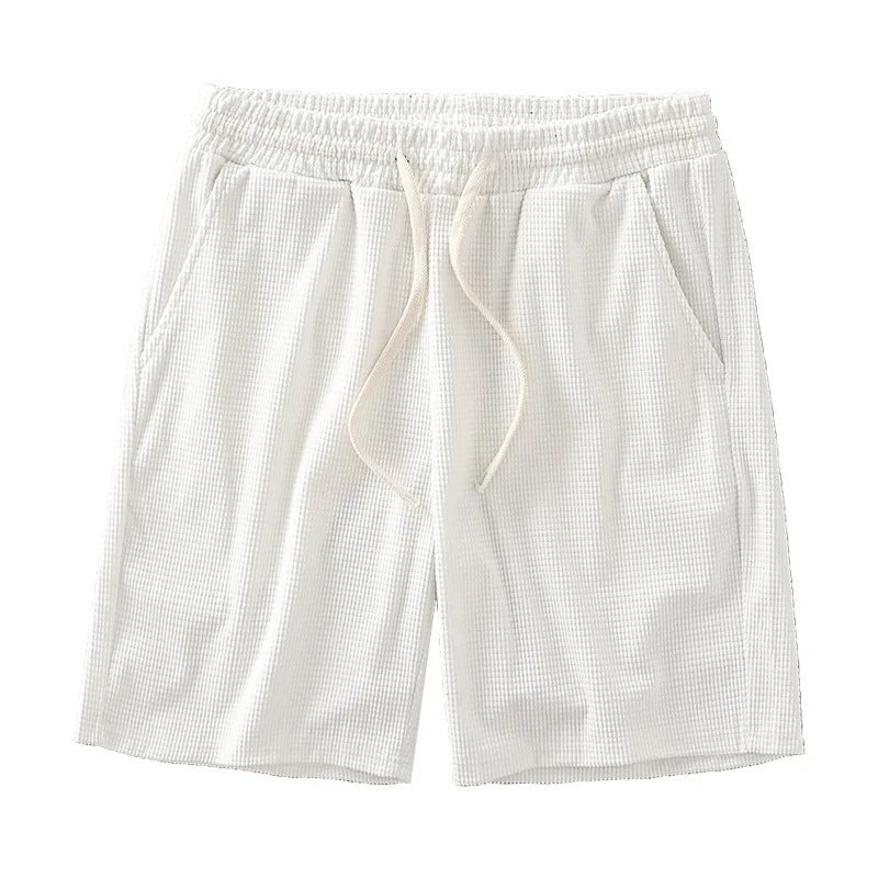 Men Shorts Solid Color Mid Waist Summer Motion Waffle Texture Deep Crotch Drawstring Male Shorts Loose Knee Length Casual Short