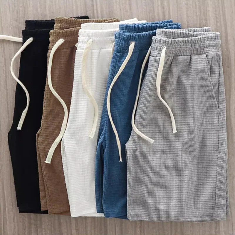 Men Shorts Solid Color Mid Waist Summer Motion Waffle Texture Deep Crotch Drawstring Male Shorts Loose Knee Length Casual Short