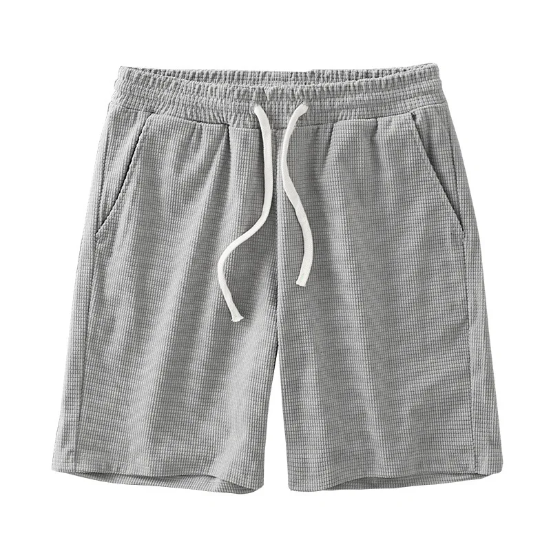 Men Shorts Solid Color Mid Waist Summer Motion Waffle Texture Deep Crotch Drawstring Male Shorts Loose Knee Length Casual Short