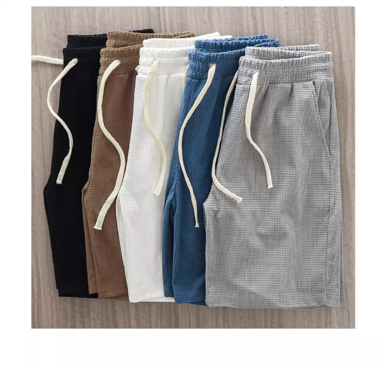 Men Shorts Solid Color Mid Waist Summer Motion Waffle Texture Deep Crotch Drawstring Male Shorts Loose Knee Length Casual Short