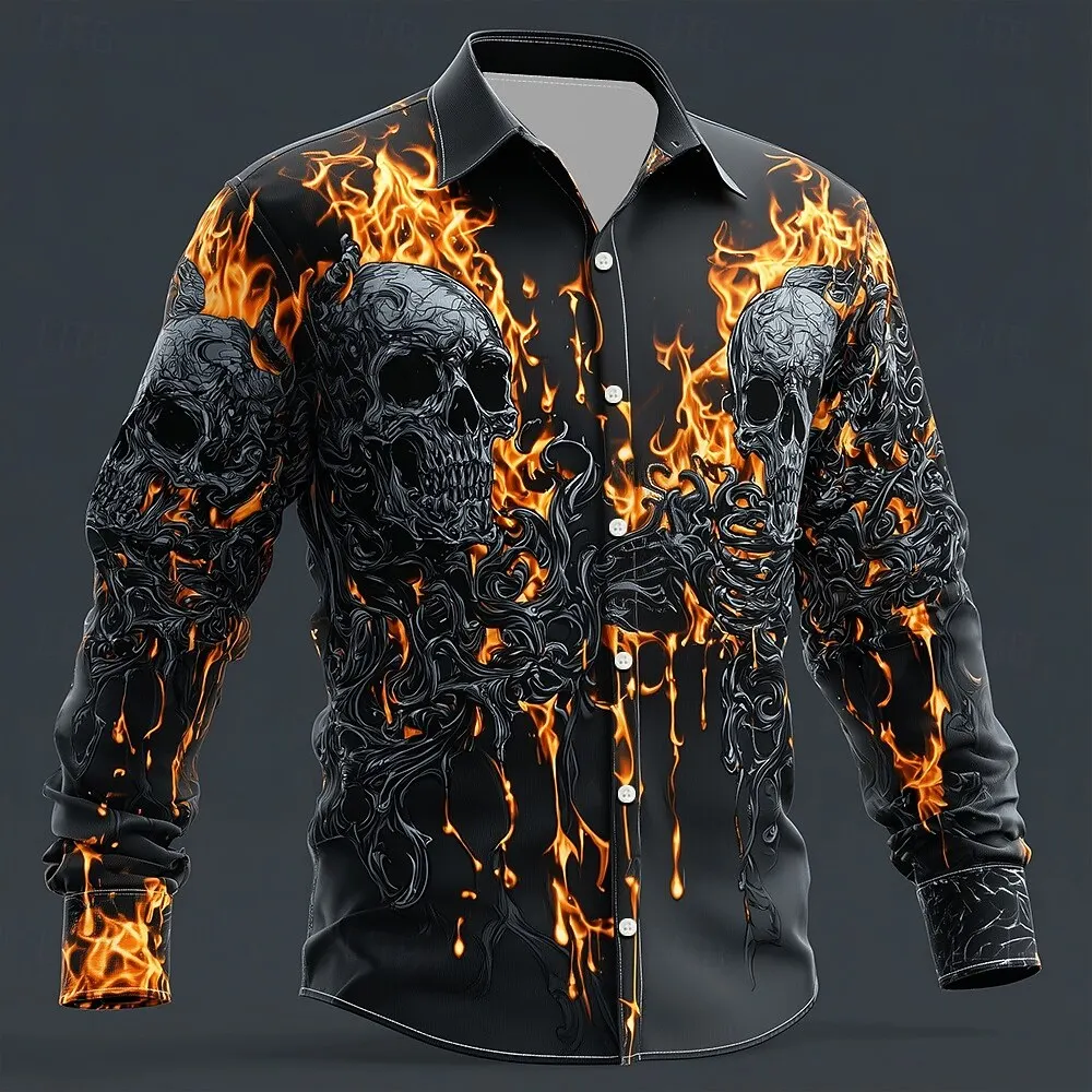 2025 Halloween Men's Skull Flame Halloween Costumes Shirt Button Up Shirt Long Sleeve Shirt Gothic Style Tops Fall Winter