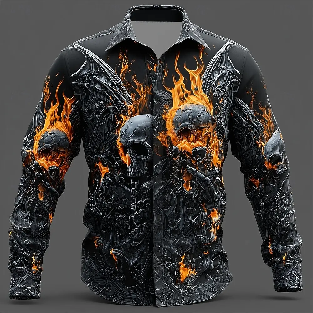 2025 Halloween Men's Skull Flame Halloween Costumes Shirt Button Up Shirt Long Sleeve Shirt Gothic Style Tops Fall Winter