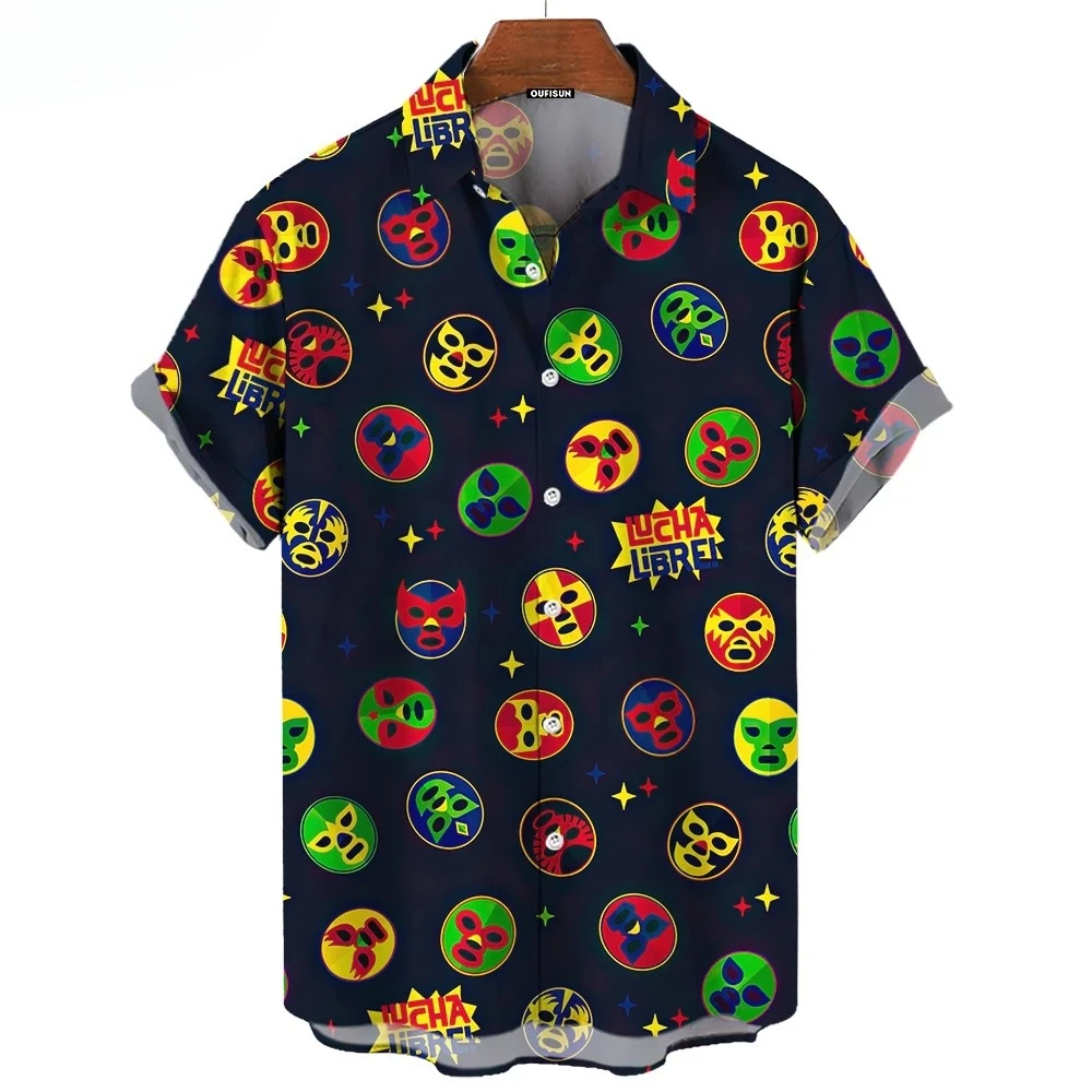 3D Mask Print Men's Shirt Summer Lucha Libre Short Sleeve Shirt Casual Hawaiian Shirt for Men Loose Clothing Mexican Wrestling