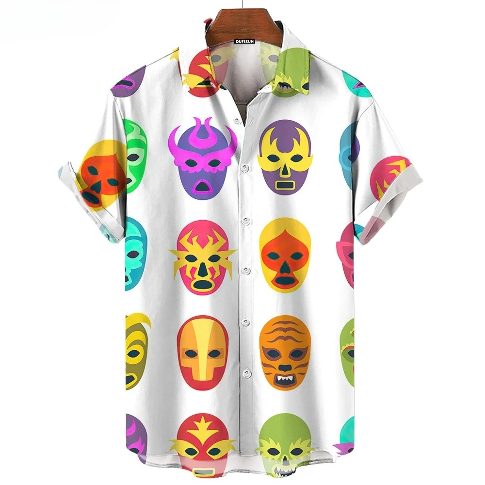 3D Mask Print Men's Shirt Summer Lucha Libre Short Sleeve Shirt Casual Hawaiian Shirt for Men Loose Clothing Mexican Wrestling