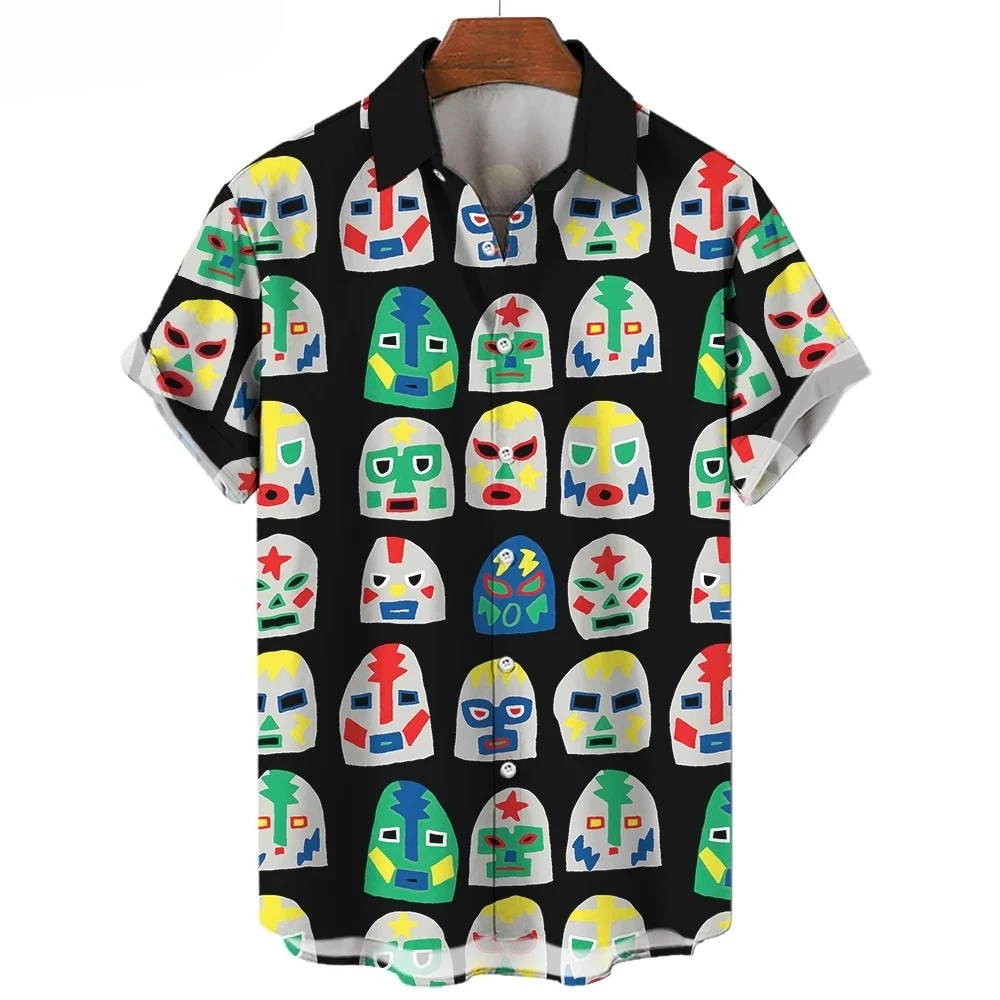 3D Mask Print Men's Shirt Summer Lucha Libre Short Sleeve Shirt Casual Hawaiian Shirt for Men Loose Clothing Mexican Wrestling