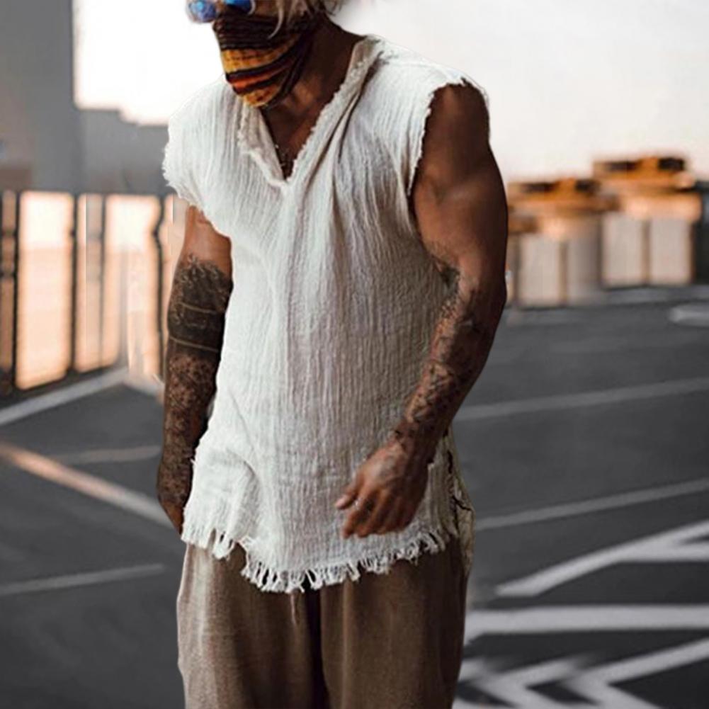 Men Vest Solid Color Casual Leisure Individual Old Style Loose Type Ripped Edge V Neck Sleeveless Men Tank Top Daily Clothes