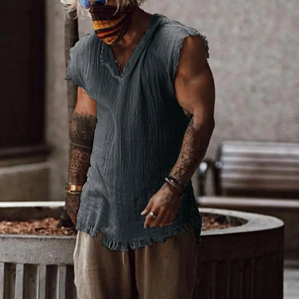Men Vest Solid Color Casual Leisure Individual Old Style Loose Type Ripped Edge V Neck Sleeveless Men Tank Top Daily Clothes