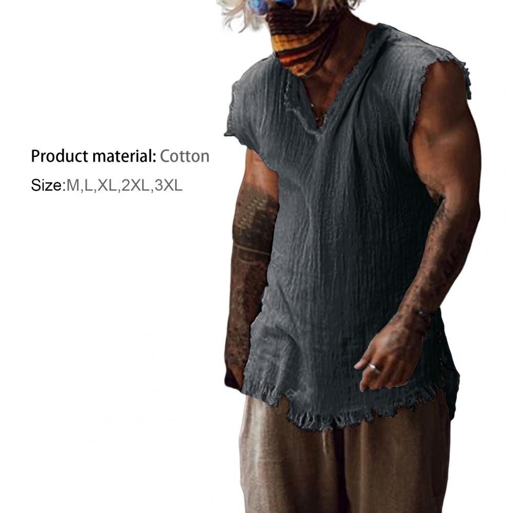 Men Vest Solid Color Casual Leisure Individual Old Style Loose Type Ripped Edge V Neck Sleeveless Men Tank Top Daily Clothes