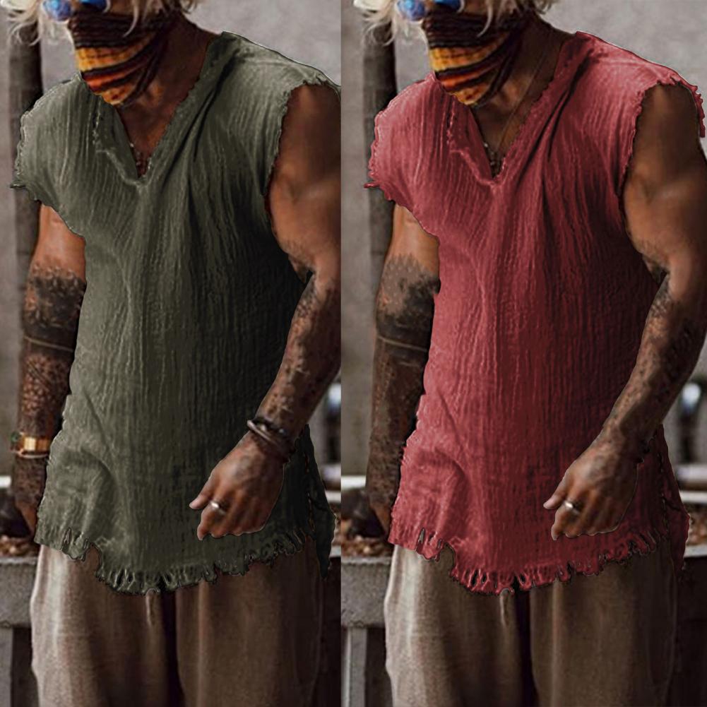 Men Vest Solid Color Casual Leisure Individual Old Style Loose Type Ripped Edge V Neck Sleeveless Men Tank Top Daily Clothes