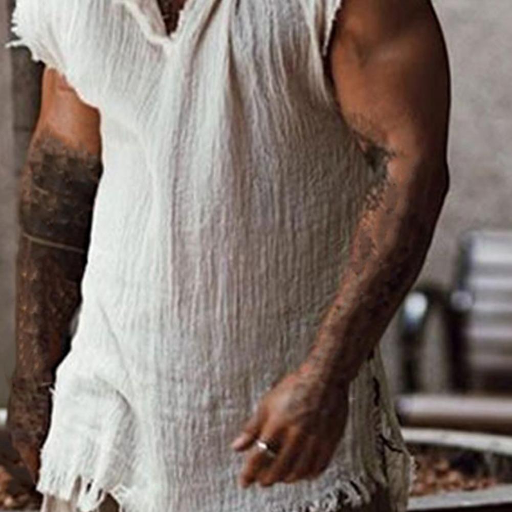 Men Vest Solid Color Casual Leisure Individual Old Style Loose Type Ripped Edge V Neck Sleeveless Men Tank Top Daily Clothes