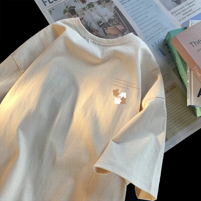Men's Minimalist Puzzle Printed Short Sleeved Plus Size Top Summer Youth Versatile Soft Round Neck Comfortable Cityboy T-shirt
