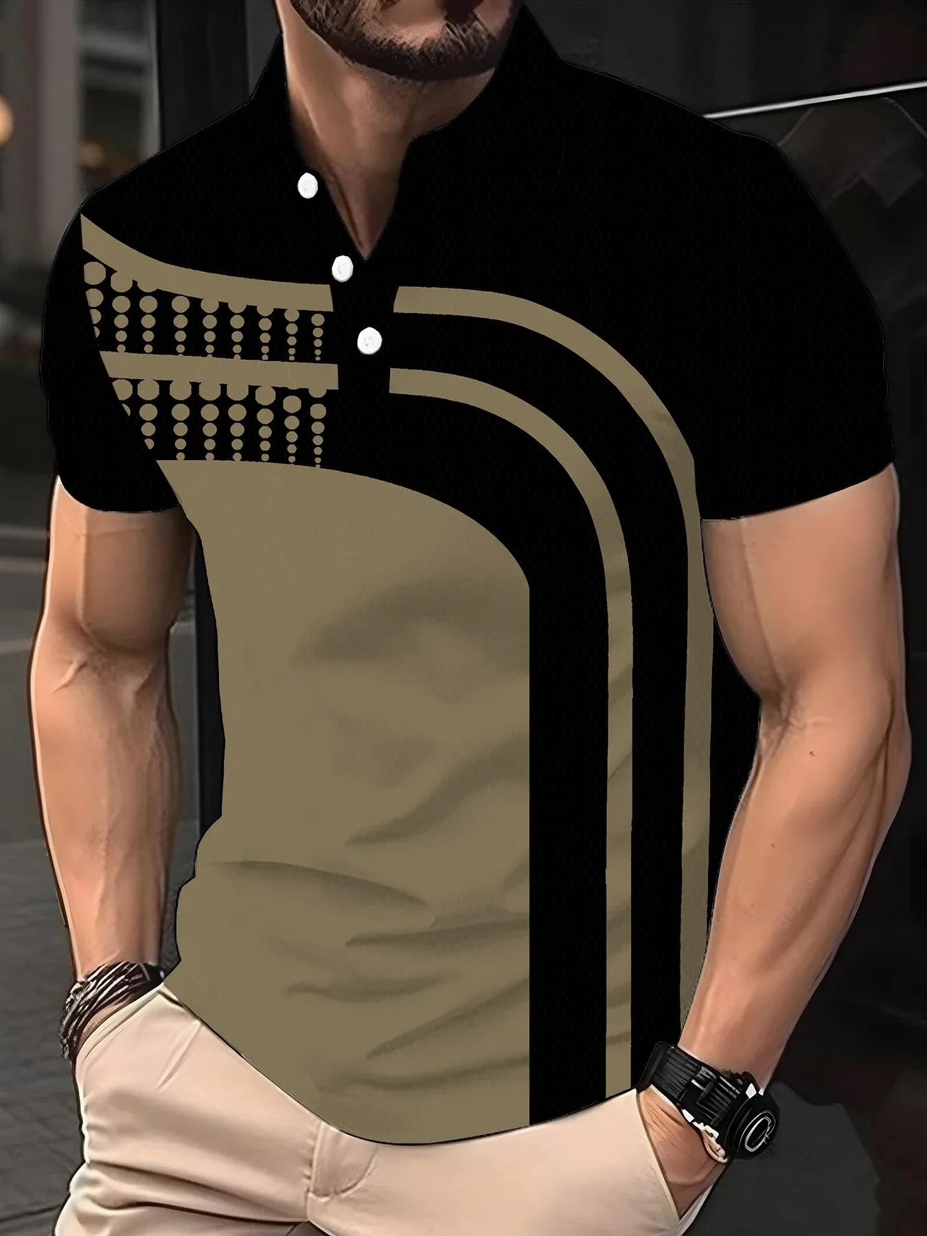 2026 Summer Men's Polo Shirt with Stripes Print Breathable Lightweight Casual Fashionable Outdoor Men's Clothing