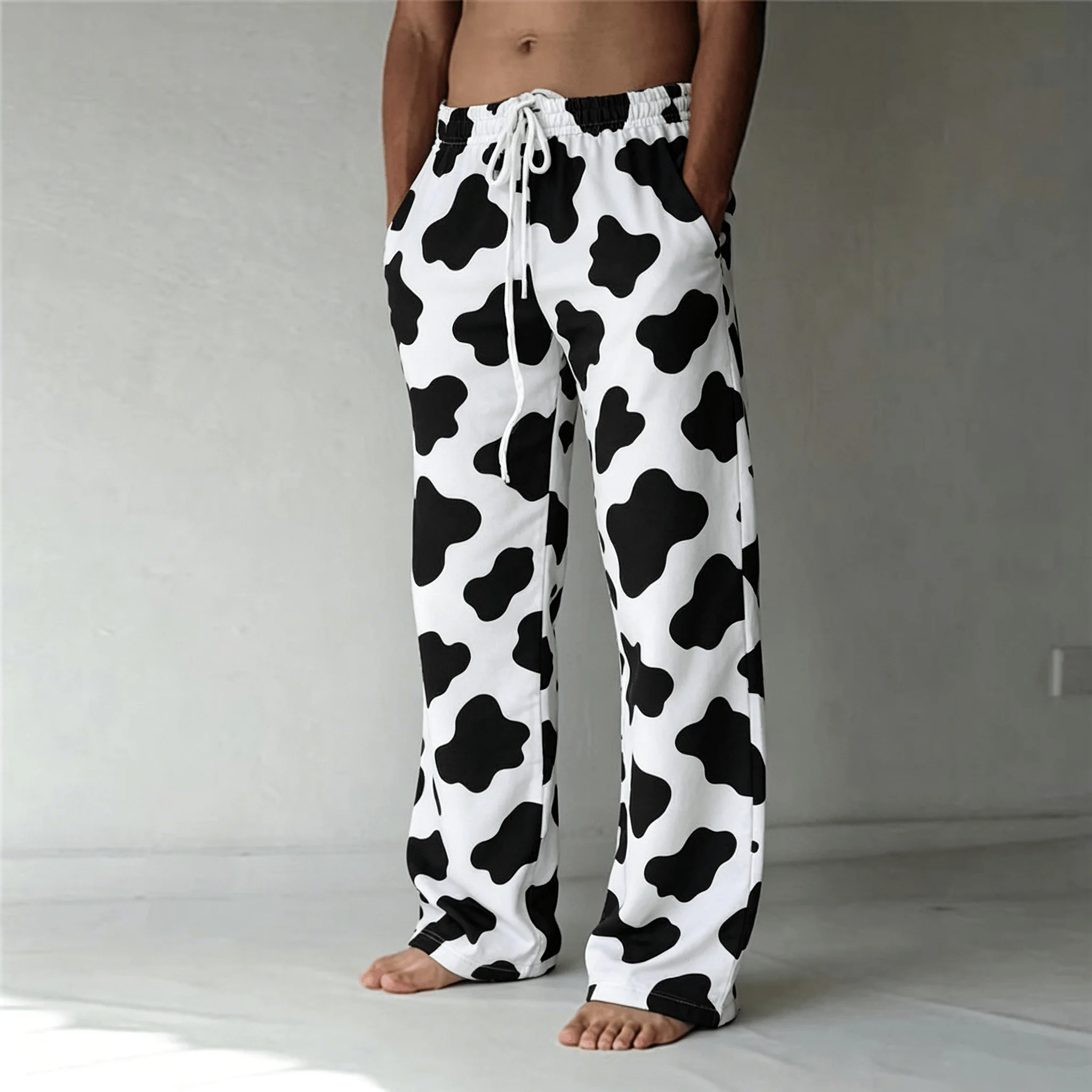 Men's Classic Leopard Print Drawstring Wide Leg Pants, Retro Casual Straight Pants for Spring & Summer