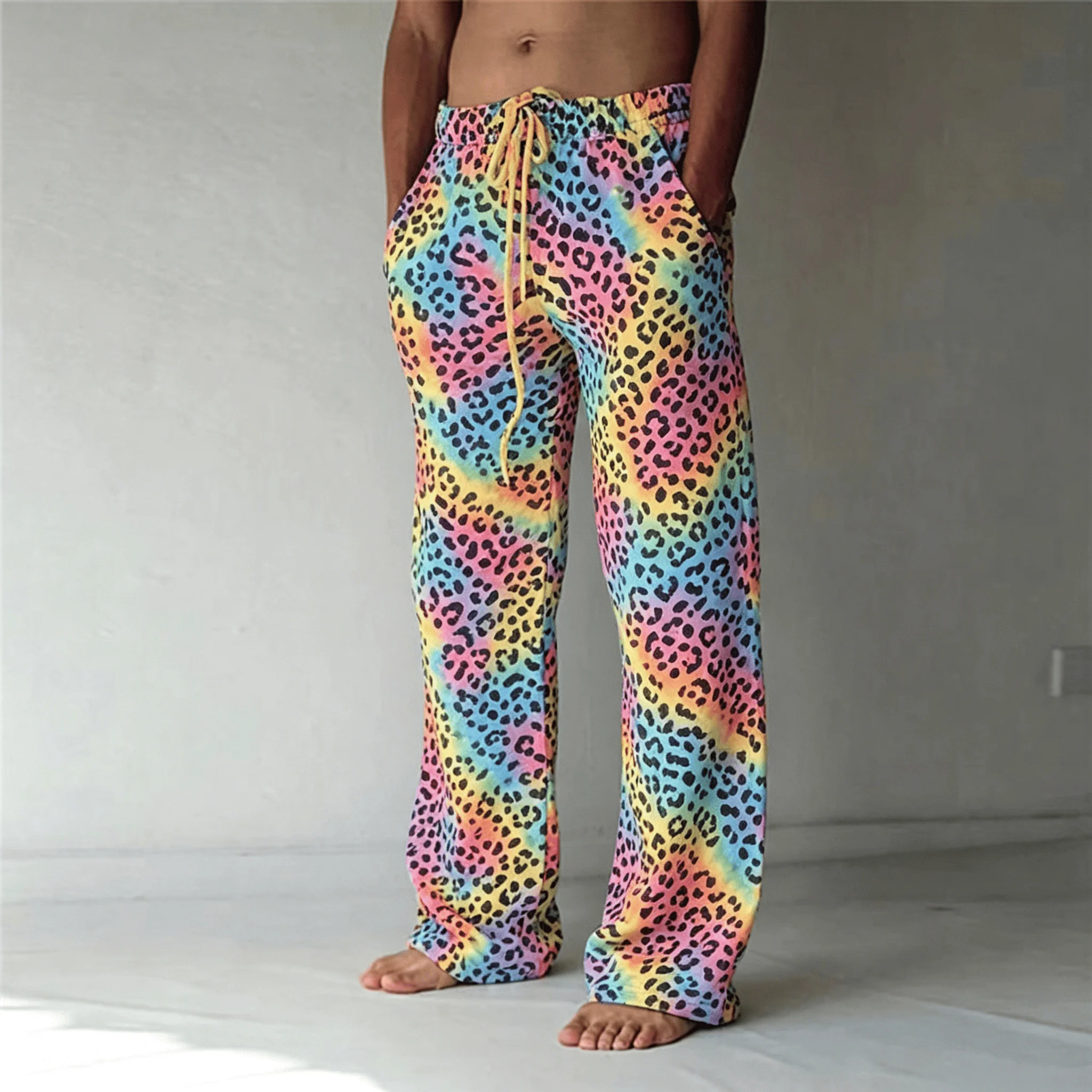 Men's Classic Leopard Print Drawstring Wide Leg Pants, Retro Casual Straight Pants for Spring & Summer