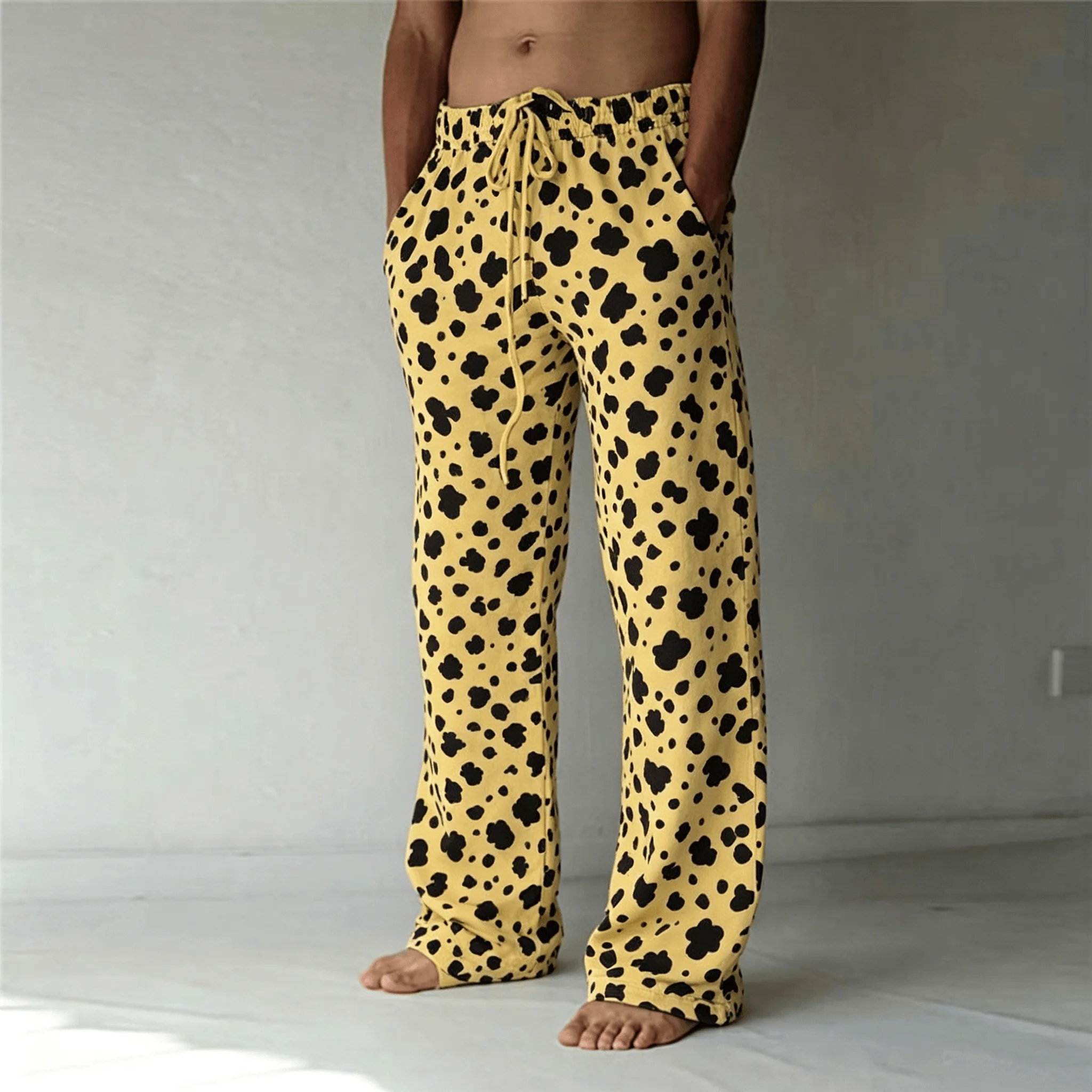 Men's Classic Leopard Print Drawstring Wide Leg Pants, Retro Casual Straight Pants for Spring & Summer