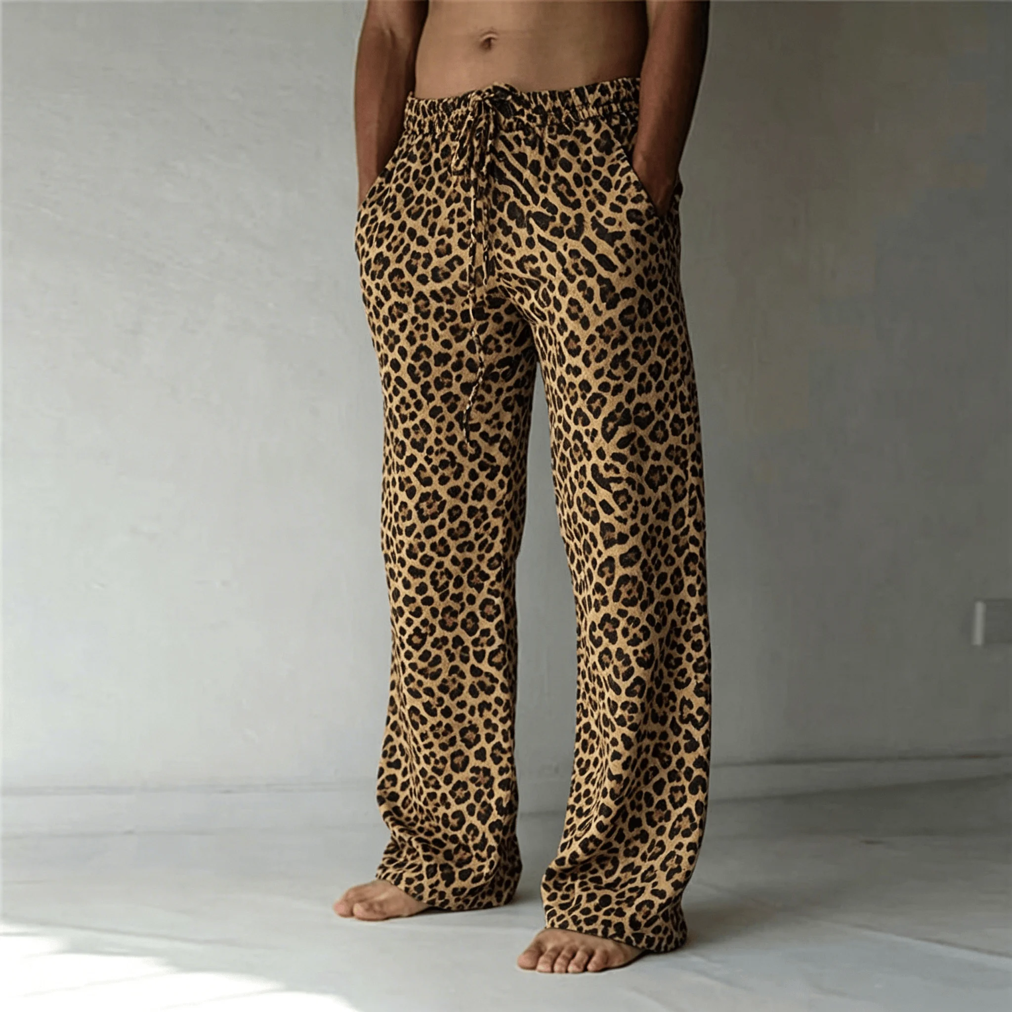 Men's Classic Leopard Print Drawstring Wide Leg Pants, Retro Casual Straight Pants for Spring & Summer