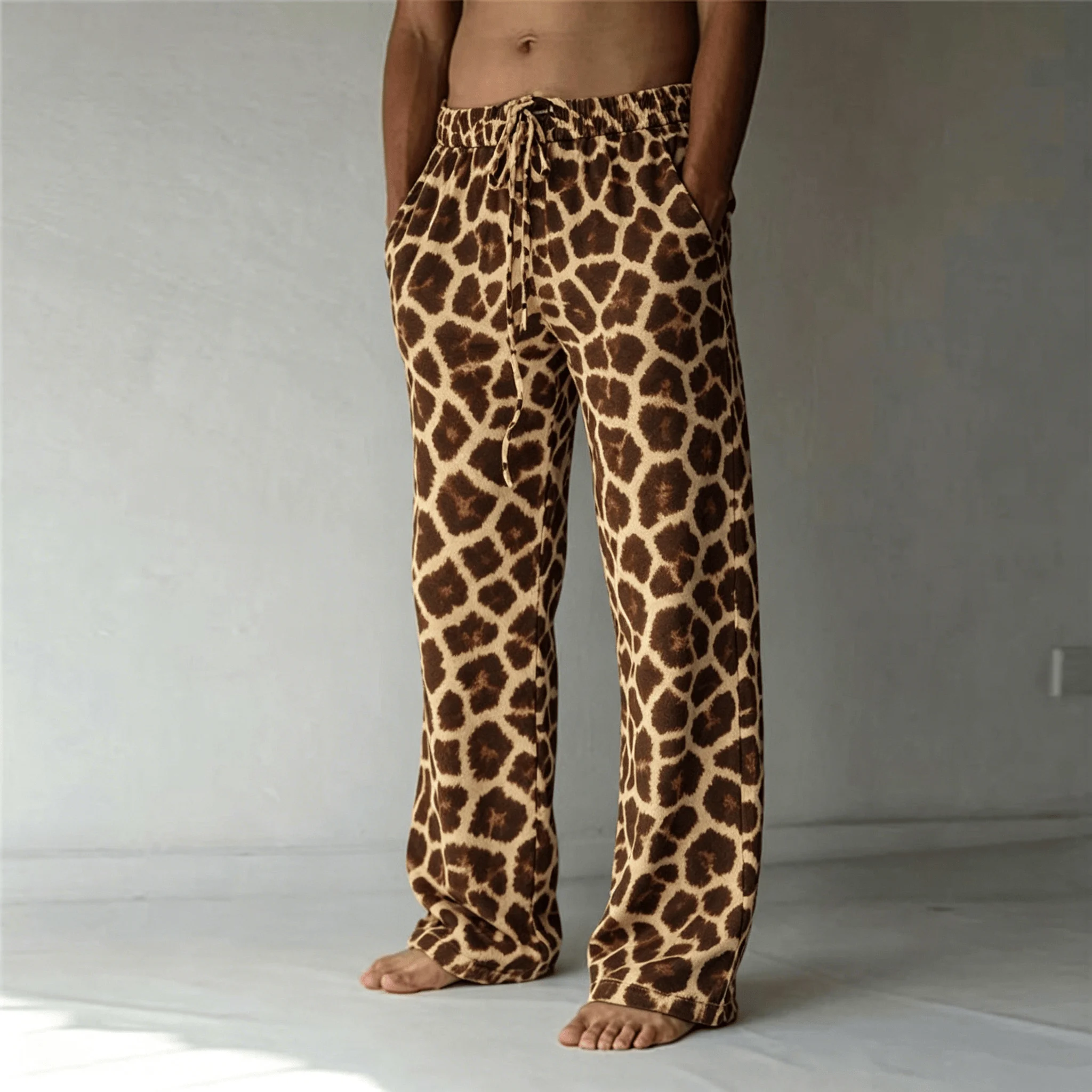 Men's Classic Leopard Print Drawstring Wide Leg Pants, Retro Casual Straight Pants for Spring & Summer