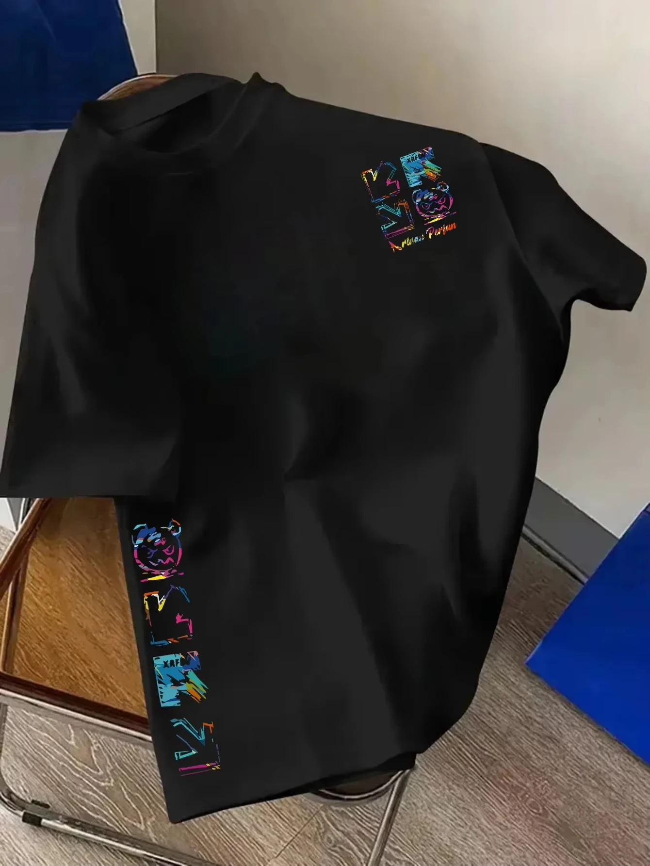 2026 Men's Graffiti Rainbow Letter Pattern T-Shirt Summer Casual Fashion Short-Sleeve T-Shirt Street Style Crew Neck Top