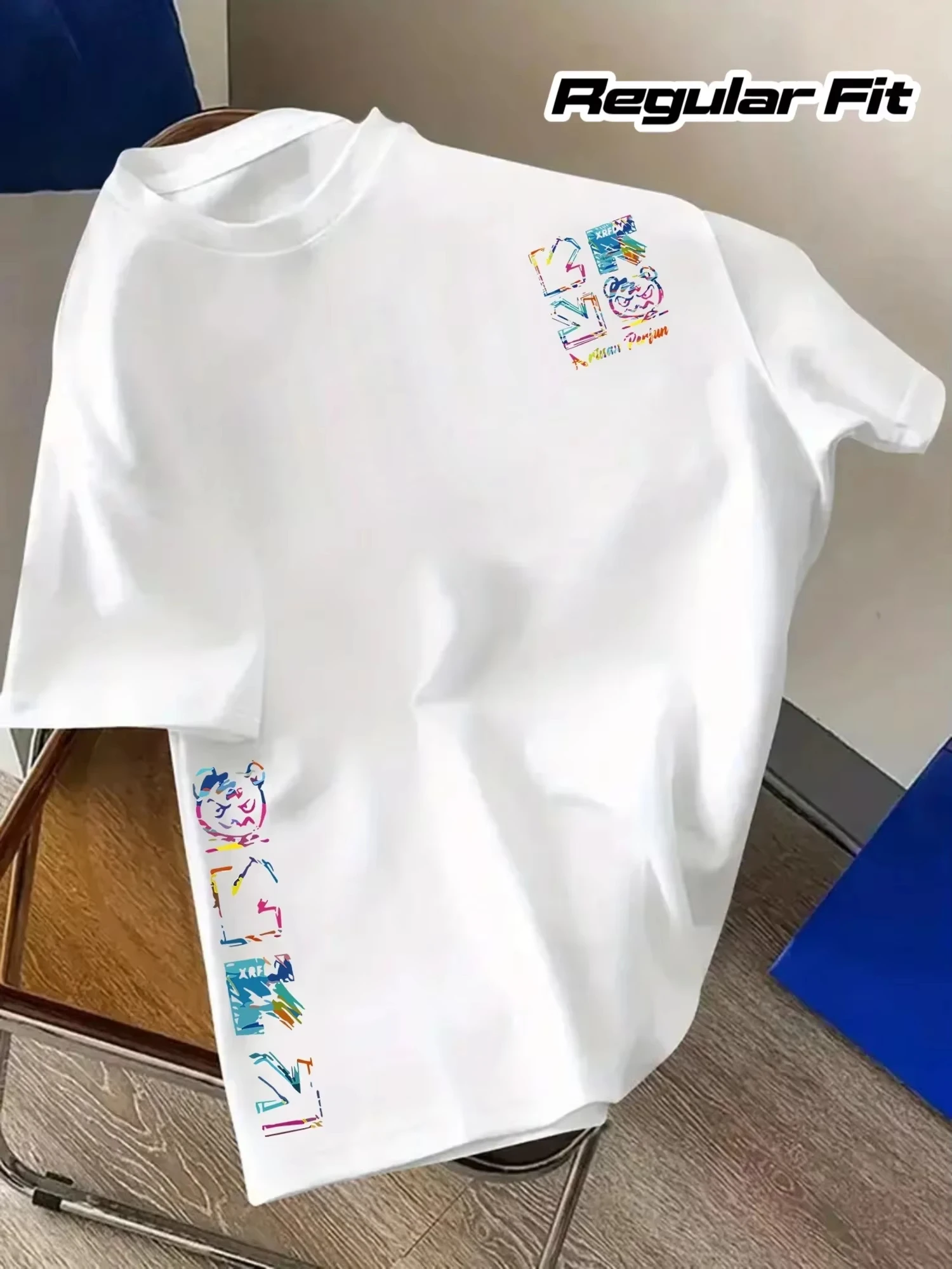 2026 Men's Graffiti Rainbow Letter Pattern T-Shirt Summer Casual Fashion Short-Sleeve T-Shirt Street Style Crew Neck Top